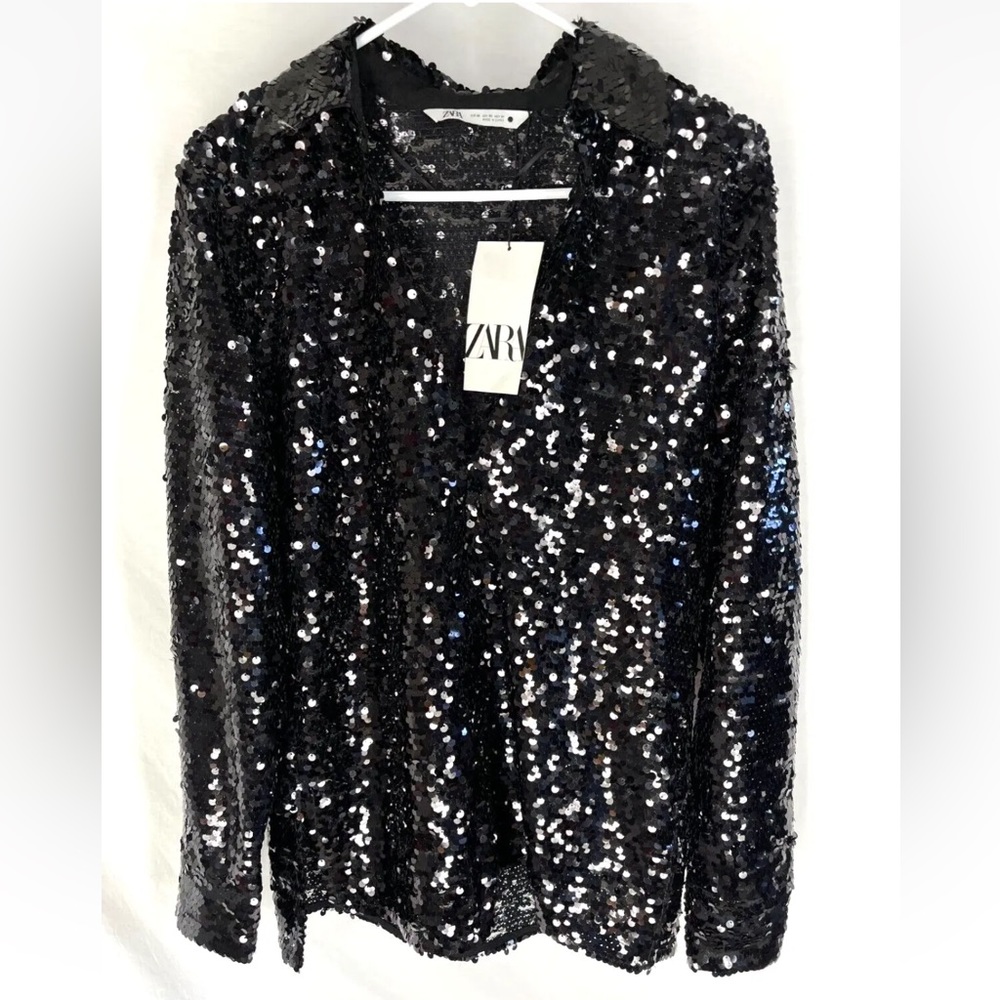 Zara Black Long Sleeved Sequin Top/Blouse/Tunic